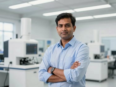 A professional portrait of an Indian business owner in a modern manufacturing facility, natural daylight
