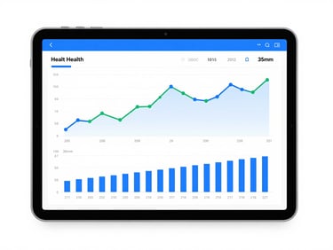 A sleek tablet displaying a financial health dashboard with clean blue and green line charts, bright high-key studio lighting, 35mm lens