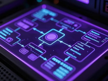 Macro shot of complex data schema on a holographic interface, glowing purple and cyan, dark server room background, high contrast, sharp focus, 35mm
