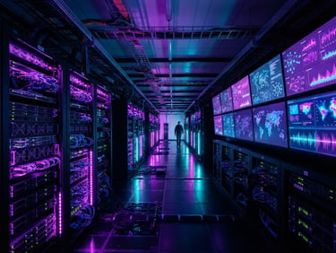 Wide shot of a server room with glowing neon purple and cyan lights, abstract data visualizations on screens, sharp focus, dark mode tech photography, 35mm