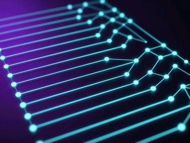 Abstract visualization of automated workflow, glowing cyan lines connecting data points, dark-mode tech photography, neon purple and cyan ambient light, high contrast, sharp focus, 35mm