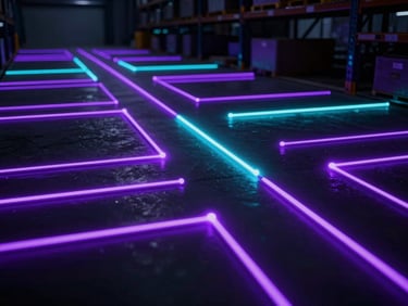 Abstract visualization of automated logistics pathways, glowing purple and cyan lines connecting nodes, dark warehouse setting, high contrast, sharp focus.