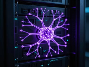 Close-up of glowing neural network nodes on a dark server rack, neon purple and cyan ambient light, high contrast, sharp focus, 35mm