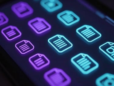 Close-up of glowing data streams representing natural language processing, with abstract document icons in the background, neon purple and cyan light, dark tech environment, sharp focus.
