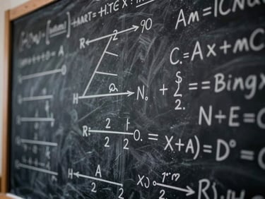 Close-up of a complex chalkboard diagram with mathematical and phenomenological notations, cold directional light.