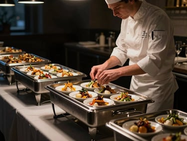 Professional catering setup at a scenic Swedish venue, stainless steel warming trays, chef in clean uniform arranging dishes, moody lighting