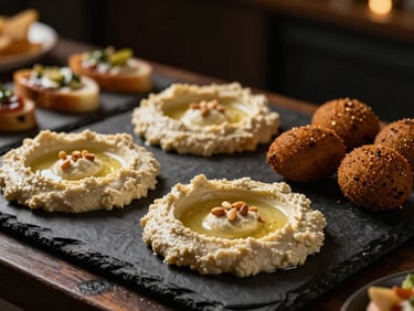 Artfully arranged open buffet with gourmet Levantine appetizers, hummus with pine nuts, crispy kibbeh on dark slate, warm side-lighting, macro shot