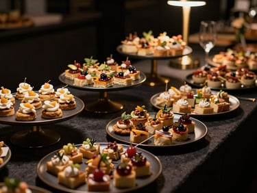 Elegant corporate catering setup in Sweden, delicate finger foods and modern appetizers on dark platters, warm glowing lights