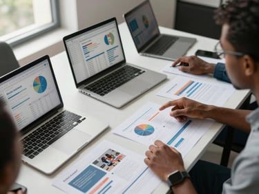 Overhead wide shot of a digital marketing strategy session in a Conakry office, laptop screens showing analytics dashboards, printed campaign layouts spread on a table, hands pointing at data, natural window light from the side, no faces visible
