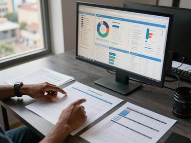 Overhead wide shot of a digital strategy session in progress, a large monitor displaying social media analytics dashboards, printed content calendars spread on a dark table, hands pointing at data, natural window light from the left, Conakry urban backdrop visible through glass