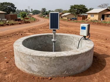 Wide environmental shot of a KDAW project site in Guinea, concrete borehole casing and solar pump controller visible, laterite road and rural compound in background, natural daylight