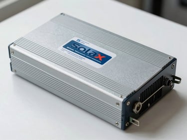 Solax Power inverter unit on a white surface, product photography, daylight, technical detail visible on casing label
