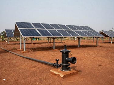 Wide environmental shot of a solar borehole installation in a rural Guinean village, pump housing and pipes visible in the foreground, solar array mounted on a galvanised frame behind, red laterite soil, midday equatorial light, no people in frame