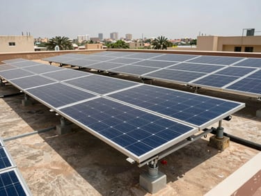 Wide shot of Jinko Solar photovoltaic panels laid out in rows on a rooftop installation in West Africa, midday sunlight, panel frames and mounting hardware visible in technical detail, urban skyline faint in background