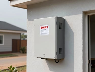 Wide environmental shot of a Solax Power inverter unit installed on a painted exterior wall at a residential site in West Africa, natural daylight, technical label visible, surrounding infrastructure in background