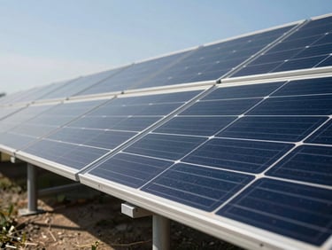Row of Jinko Solar photovoltaic panels on a steel racking system, close-up showing cell texture and frame, outdoor daylight, blue sky behind