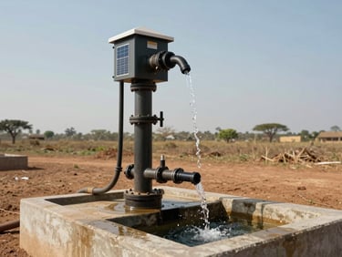 Wide environmental photograph of a solar-powered borehole water system in a rural Guinean landscape, pump housing and piping visible, water flowing into a concrete basin, open sky above, no people present