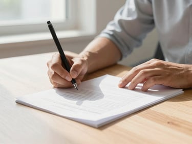 Close-up of hands signing clean documents on a bright wooden desk, soft natural window light, high contrast