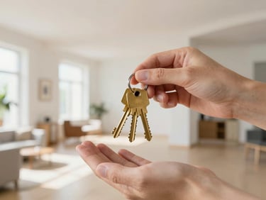 Close-up of hands holding a set of brass keys, bright open communal apartment lobby in the background, warm natural daylight