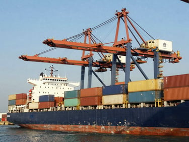 Wide environmental shot of modern Conakry port infrastructure, container ships docked under bright natural daylight, architectural shadows, deep navy and warm gold tones, sharp focus, 35mm lens