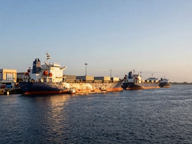 Wide environmental shot of the Port of Conakry at dawn, cargo ships docked against deep navy water, golden morning light reflecting on architectural structures.