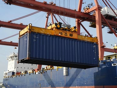 Modern maritime terminal crane lifting cargo container, sharp architectural shadows, bright daylight, 35mm lens.