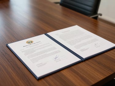Close-up of signed mineral trade agreement documents on a dark wooden boardroom table, warm natural light, professional corporate setting.