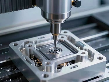 Close-up of CNC machine milling a complex aluminum sensor housing, cool industrial lighting, sharp focus on metal shavings and precision tool, industrial technical photography.