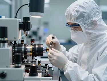 Cleanroom technician in full bunny suit assembling optical components under high-key lighting, macro focus on hands and optical elements, sharp focus, industrial technical photography.