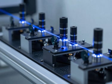 Optical bench with multiple laser beams aligning through lenses and mirrors, cool blue laser illumination, sharp focus on the light paths, industrial technical photography.