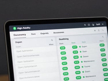 High-fidelity SaaS dashboard interface showing real-time occupancy rates, outstanding dues ledger, and open maintenance tickets with green active status indicators on a dark slate background.