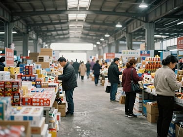 Candid shot of a bustling Chinese wholesale market aisle, showing various product stalls and people, natural industrial warehouse lighting, realistic muted colors, 35mm lens, candid and unpolished
