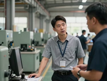 Medium shot of Jack, a personal sourcing agent, on a busy factory floor in Shenzhen, talking with a factory manager, machinery in the background, natural industrial warehouse lighting, realistic muted colors, 35mm lens, candid and unpolished