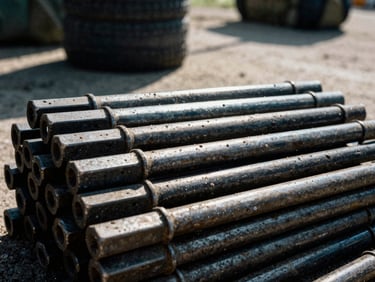 A stack of heavy steel breaching tools, with a blurred background of a tactical training environment, harsh direct sunlight, gritty tactical photography.