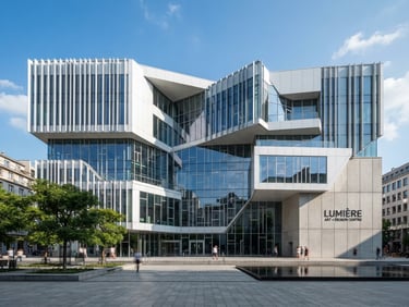 Wide shot of a modern building facade with clean lines and strategic lighting, bright natural daylight, structured geometric composition, professional editorial style.