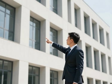 Medium shot of a professional consultant examining the exterior of a commercial building, pointing to a specific architectural feature, crisp natural daylight, structured geometric composition.