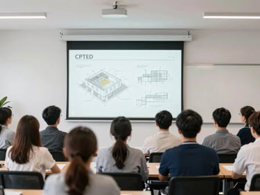 Bright, modern classroom setting with participants engaged in a CPTED workshop, architectural diagrams on screen, professional editorial style.