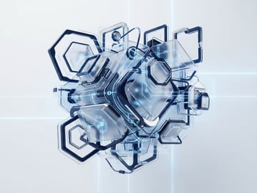 Precise 3D render of a glassmorphic technology node, deep navy and silver geometric frames floating over a white background with subtle blue glowing lines, clean studio lighting.