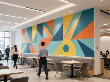 Modern office cafeteria with a colorful high-durability vinyl mural on a long wall, employees walking past, natural bright lighting