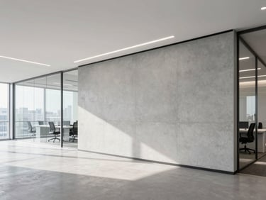 Wide-angle architectural shot of a modern minimalist corporate office with clean glass partitions and a large matte vinyl graphic installed on a concrete wall, bright natural daylight, 35mm lens