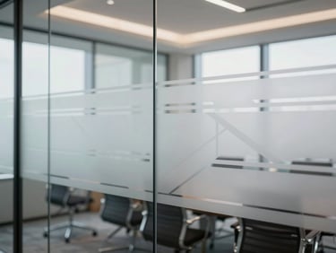 Close-up of a glass meeting room wall with elegant geometric frosted vinyl patterns, soft natural interior lighting, modern office design