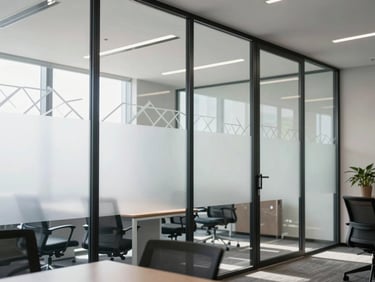 Modern office meeting room with frosted geometric vinyl patterns on glass walls, bright natural light, clean architectural lines