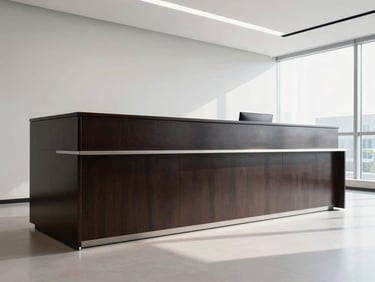 A spacious corporate reception desk with a massive high-contrast dark vinyl wrap featuring clean architectural lines, bright daylight