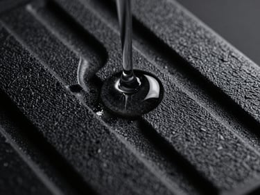 Extreme close-up of dark wash fluid flowing into the crevices of a textured 3D printed miniature, highlighting fine details, high contrast