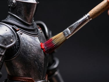 Macro shot of a paint brush applying vibrant acrylic paint to a detailed model armor, shallow depth of field, dramatic studio lighting