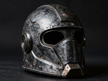 Macro dramatic product photography of a weathered sci-fi helmet prop with realistic metallic scratches and battle damage, low-key lighting, 35mm