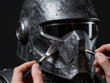 Close-up of hands using a dry brush technique to apply metallic silver weathering on a dark charcoal sci-fi helmet