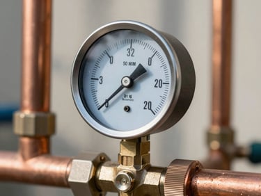 Close-up of a digital pressure gauge connected to copper gas pipes, showing precise pressure readings under bright daylight.