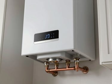 Close-up of a newly installed, sleek white boiler mounted inside a clean kitchen cabinet, with neatly aligned, polished copper pipes underneath.