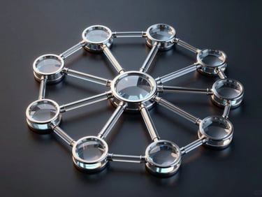 Sleek 3D glassmorphic network diagram, abstract metallic nodes representing content assets splitting and flowing through digital pipelines, high-contrast platinum rim lighting, dark glossy background.